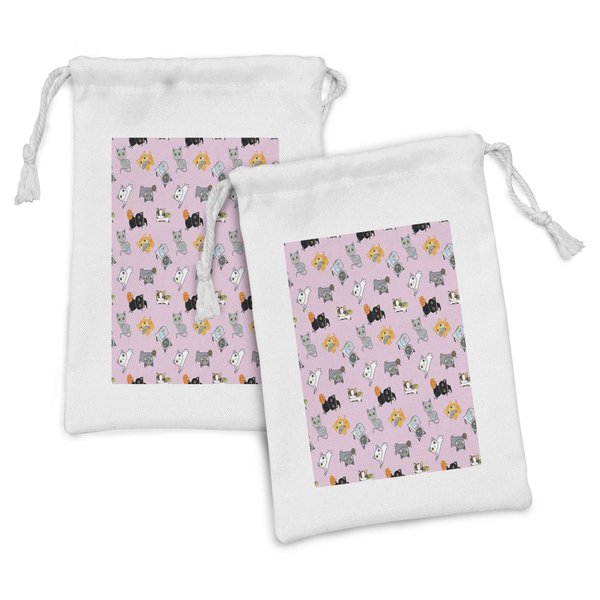 Ambesonne Cat Fabric Pouch Set of 2, Colorful Kittens Playing with Fish Mice and Yarnball Different Breeds of Feline, Small Drawstring Bag for Toiletries Masks and Favors, 9" x 6", Multicolor
