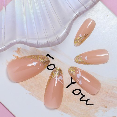 Press on Nails Almond Medium 24Pcs Glossy Full Cover Acrylic Gold Glitter French Tips False Nails with White Heart Designs Glue on Nails Artificial Valentine's Day Fake Nails Stick on Nails for Women