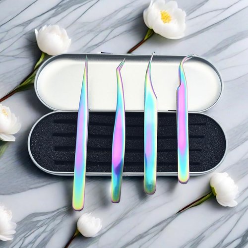 ZECNG DIY Eyelash Extension Clip and Lash Mirror Set, Rainbow Color Detachable Stainless Steel Eyelash Makeup Mirror 45°Angle Design Hand Mirror Eyelash Extensions Accessories for Lash Supplies