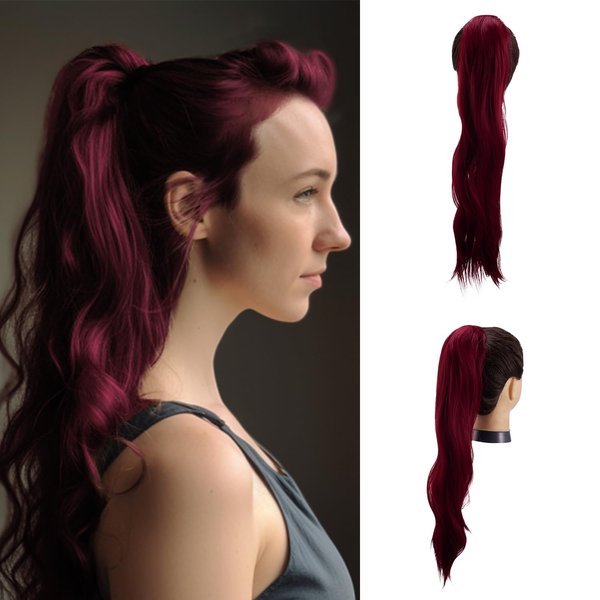 Drawstring Ponytail Hair Extension Clip in Hair Pieces for Women Natural Wavy Synthetic Pony Tail Wine Red