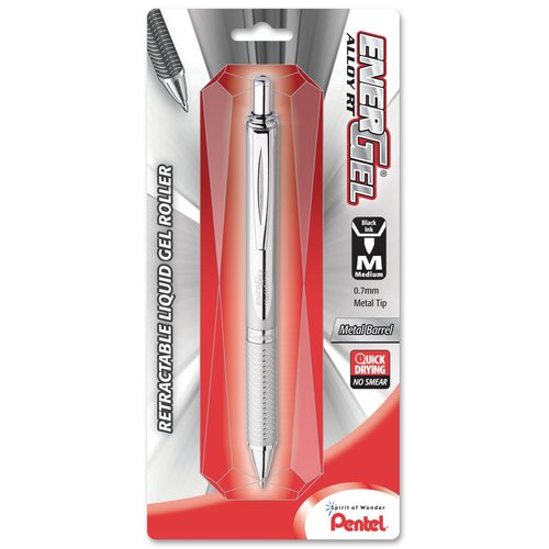 Pentel EnerGel Alloy RT Gel Pen, Medium Metal Tip, Silver Barrel, Black Ink, 1 Each (BL407BP)
