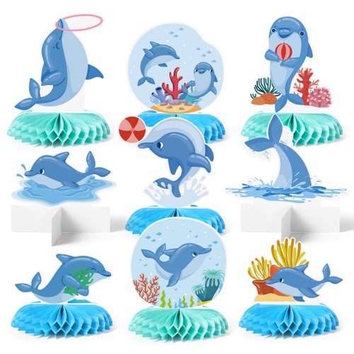 HoiSumma 9 Pcs Dolphin Party Decorations Honeycomb Centerpieces Blue Under the Sea Ocean Animal Coral Themed 3D Table Toppers Decor Cute Underwater Party Supplies for Kids Birthday Baby Shower