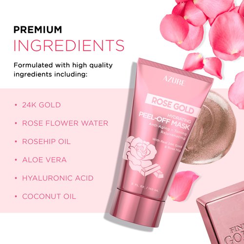 AZURE Rose Gold Hydrating Peel Off Face Mask- Anti Aging, Toning & Rejuvenating - Removes Blackheads, Dirt & Oils - With Gold and Rose Water - Skin Care Made in Korea - 150mL / 5 fl.oz.