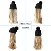 Qlenkay Beanie Hat with Long Wavy Curly Hair Extensions Knit Black Cap Attached 20inch Synthetic Wig Detachable Hairpiece Warm Pom for Women Winter Ginger Blonde Mix Bleach Blonde