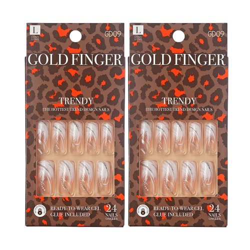 Gold Finger False Nails Gel Glam Design Full Cover Fake Nails, Long Length (2 PACK)