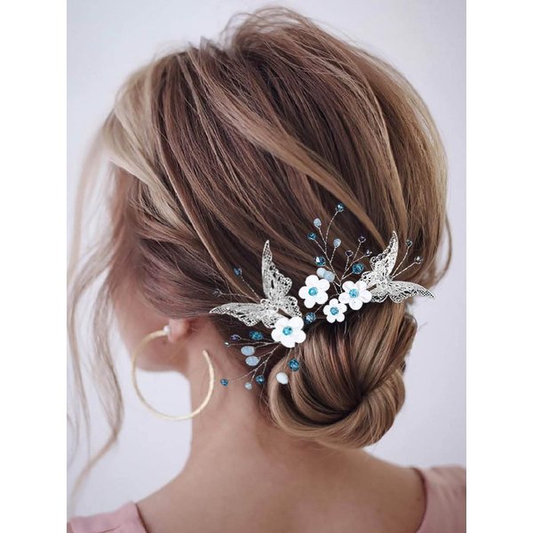 Earent Bride Wedding Flower Hair Pins Butterfly Hair Accessories Bridal Hair Piece Blue Beads Headpiece for Women and Girls(Pack of 2)