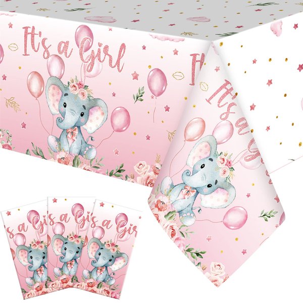 3 Pack Baby Shower Tablecloths Elephant Plastic Rectangle Baby Shower Table Covers for Boy Girl Gender Reveal Birthday Baby Shower Party Supplies Elephant Theme Party Decorations, 54 x 108 Inch (Girl)