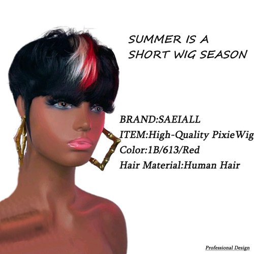 SAEIALL Pixie Cut Wig Human Hair Wigs 180% Density Pixie Bowl Cut Wig Natural Black Red 613 Blonde Color Short Layered Pixie Wigs for Black Women Full Machine Made Wigs (1B/613/Red)