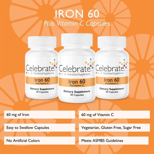 Celebrate Vitamins Iron with Vitamin C Capsules, 60 mg Iron, Bariatric Vitamins for WLS Patients Including Sleeve Gastrectomy and Gastric Bypass Surgery, 90 Count, 3 Month Supply