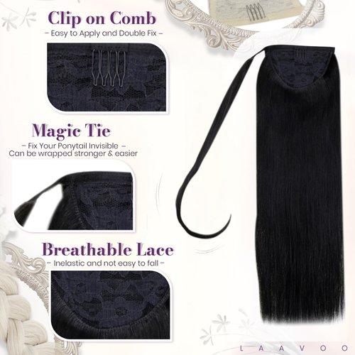 LaaVoo Human Hair Ponytail Extension Black Clip in Wrap Around 18" Pony Tail Human Hair One Piece Invisible Ponytail Hair Extensions Natural Black 80g/Pack