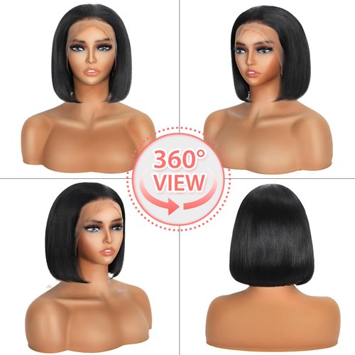 YGP Bob Wigs Human Hair 200 Density 13x4 HD Transparent Lace Front Bob Wigs Pre Bleached Tiny Knots Glueless Wigs for Women Natural Black 8 Inch