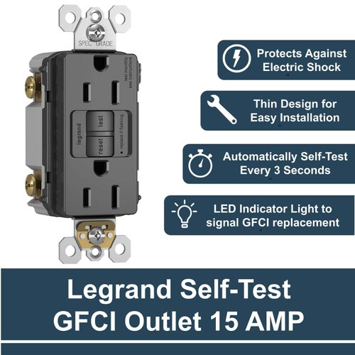 Legrand radiant 1597TRBKCCD4 15 Amp GFCI Self Test Tamper Resistant Decorator Duplex Outlet, Black (1 Count)