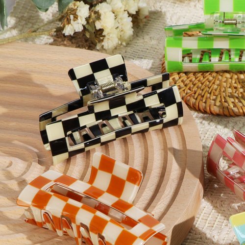 6 Pack Black Checkered Hair Claw Clips,3.1", Y2K Square Medium Hair Clips, Non-Slip Claw Clips Hair Styling Accessories with Strong Hold for Women Girls Long Short Thin Hair