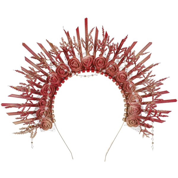 COSUCOS Red Rose Halo Crown - Zip Tie Spiked Sunburst Goddess Fairy Vintage Crown Headmade Medieval Fantasy Gothic Headband Virgin Mary Ren Faire Crown for Halloween Maternity Renaissance Costume