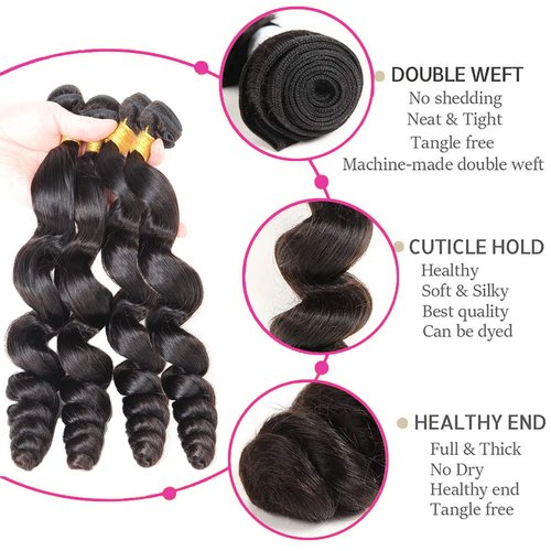 Human Hair Bundles Loose Wave 4 Bundles (14 16 18 20 Inch) 12A Grade Brazilian Virgin 100% Unprocessed Human Hair Loose Wavy Bundles Natural Black Weave Human Hair Extensions