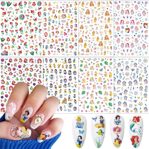 8 Sheets Cute Cartoon Nail Art Stickers Decals 3D Self Adhesive Kawaii Mermaid Design Acrylic Nail Art Supplies Cartoon Nail Stickers for Women Girls DIY Cute Manicure Tips Decorations Accessories