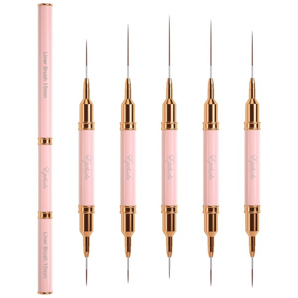 Nail Art Brushes, Double Ended 5PCS Pink Striping Brush Nail Art Liner Brushes Nail Design Brushes for Long Lines, Tiny Details, Nail Brushes for Nail Art, Sizes 5/7/9/10/11/15/20/22/25/30