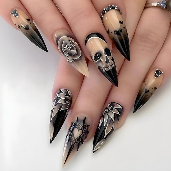 KKUUOO Stiletto Press on Nails Goth Fake Nails Horror Skull & Black Rose False Nails with Rhinestone Full Cover Acrylic Nails Stick on Nails Glue on Nails for Women Girls Halloween Manicure 24Pcs