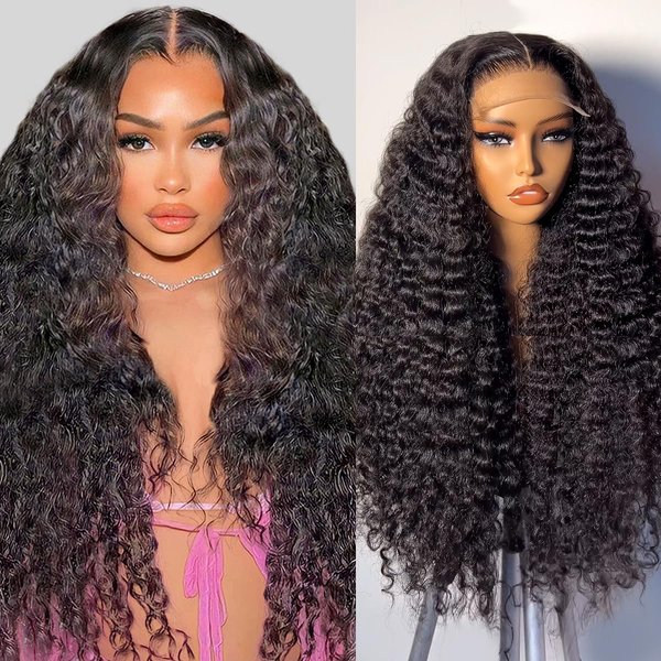 5x5 Lace Closure Wigs Human Hair Deep Wave Pre Plucked Curly HD Transparent Lace Front Wigs with Baby Hair Natural Hairline 200 Density Gluesless Human Hair Wigs for Women Natural Black Color 26 Inch
