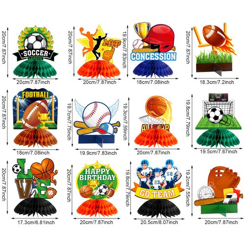 12 Pieces Sports Themed Birthday Party Supplies Sports Centerpieces for Kids 3D Football Soccer Baseball Basketball Softball Honeycomb Centerpieces Ball Party Decoration for Boys Kids