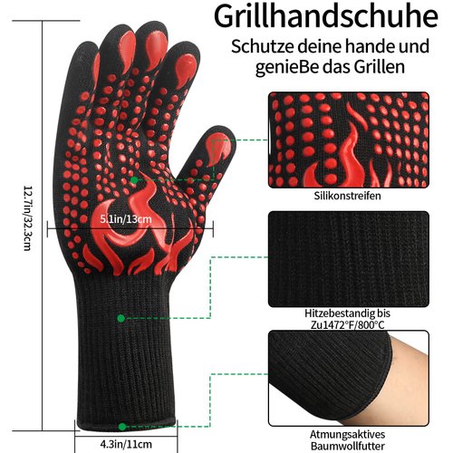 HexinYigjly 1 Pair/2 Pieces BBQ Gloves, Grilling Gloves, Heat Resistant Barbecue Oven Gloves, 1472°F/800°C Kitchen Fireproof Mitts Heat Proof for Grilling, Baking, Cooking, Welding Gloves Mitts - Red