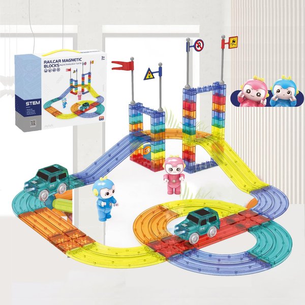 BELLA GLOBE Magnetic Tiles Race Car Track Set STEM Engineering Slot Cars on Flexible Car Tracks 63PCS Educational Magnet Building Blocks Magnetic Car Toys for Kids