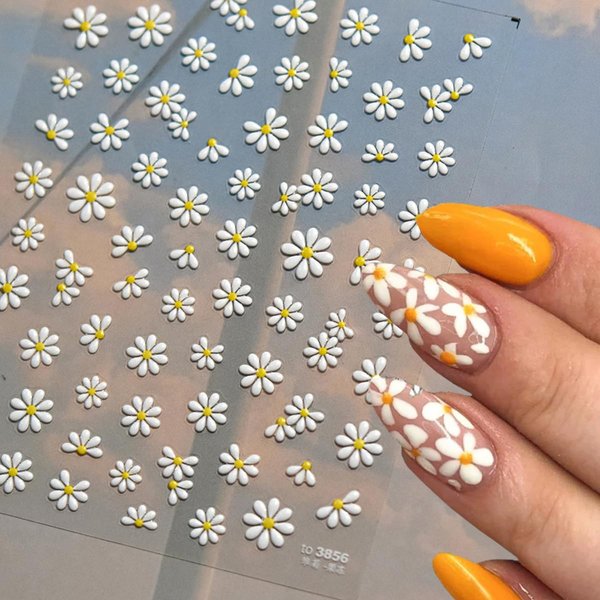 Flower Nail Art Stickers Decals Cute Daisy Embossed Nail Stickers Cute White Daisy Floral Petals Design Self-Adhesive Nail Decals Jelly Nails Manicure Slider for Summer Nail Art Decorations Supplies