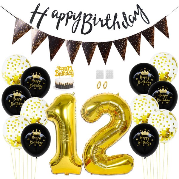 Daimay 12nd Birthday Party Decorations Gold Black Happy Birthday Latex Confetti Balloons Triangle Flag Banner Number 12 Foil Balloon Cake Topper for Men Women Anniversary Birthday Party Supplies