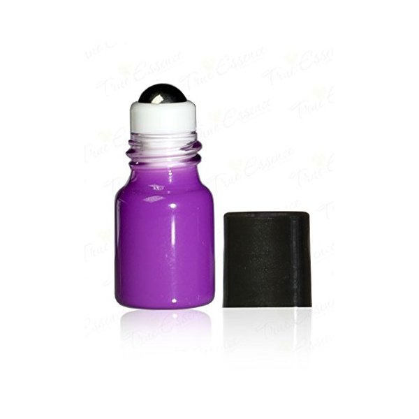 True Essence 2 ml, 5/8 Dram Purple Glass Micro Mini Roll-on Glass Bottles with Metal Roller Balls & BPA Free Black Caps. - Refillable Aromatherapy Essential Oil Roll On (12)