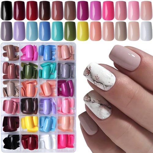 LoveOurHome 576pc Square Press on Nails Medium Tapered Square Fake Nails Full Cover Gel Glossy False Artificial Fingernails Colored French Acrylic Manicure Tips Decor for Women Girls