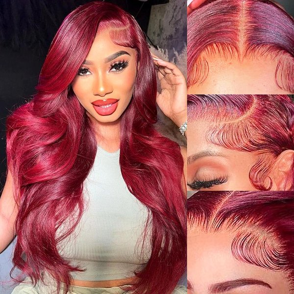 13x6 99j Burgundy Lace Front Wigs Human Hair Body Wave 200 Density HD Transparent Lace Frontal Wigs Human Hair Bleached Knots Wine Red Colored Wigs Pre Plucked with Baby Hair 24 Inch