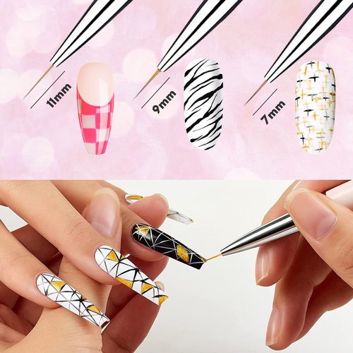 Makartt 3Pcs Nail Art Brushes, Thin Liner Brush Set with Shiny Diamond Handle & Caps, Acrylic Nail Brush Gel Nail Painting Brush Nail Drawing Brush for Nail Painting Nail Drawing Home DIY Salon Use