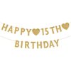 Gold Happy 15th Birthday Banner, Glitter 15 Years Old Boy or Girl Party Decorations, Supplies