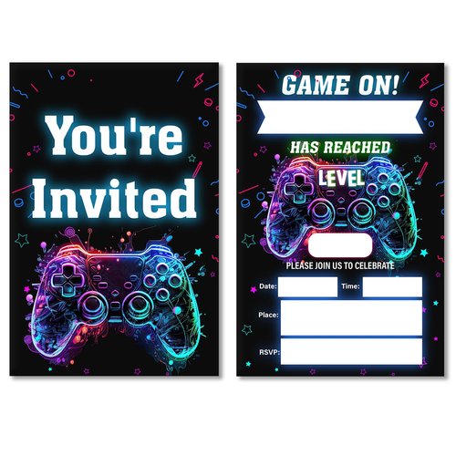 Soiceu Video Game Birthday Invitations Neon Glow Boy Gamer Game On Party Invites with Envelopes Set of 20