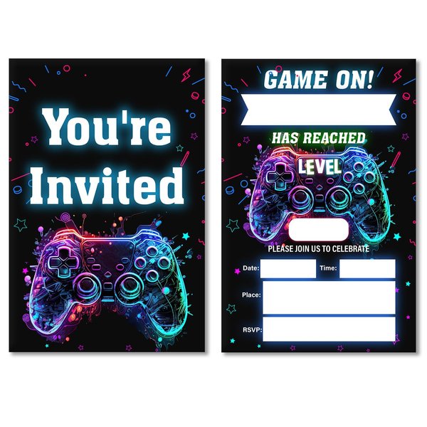 Soiceu Video Game Birthday Invitations Neon Glow Boy Gamer Game On Party Invites with Envelopes Set of 20
