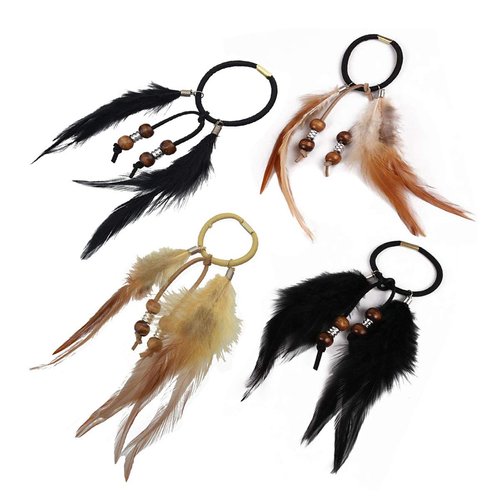 Set of 4 Women Lady Hippie Hair Band Feather Hair Rope Elastics Feather Hair Tie Ponytail Holders Hair Accessories Headdress (Brown+Black)