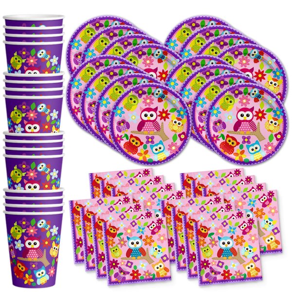 Patchwork Owl Birthday Party Supplies Set Plates Napkins Cups Tableware Kit for 16