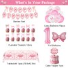 Pink Bow 1st Birthday Party Decorations, Baby Girl Party Supplies First Birthday Includes Banner,Tablecloth,Cake Cupcake Toppers,Number 1 Bow Balloon,Latex Balloons for Baby Shower One Year Old Party