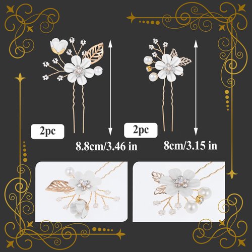 Oruola 4Pcs Bridal Hair Accessories White Flower Wedding Hair Pins Gold Wedding Hair Accessories Pearl Hair Clips Headpiece Jewelry with Rhinestone for Brides Bridesmaids Women Girls Updo