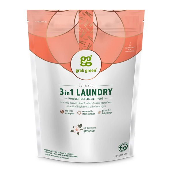 Grab Green 3-in-1 Laundry Detergent Pods, 24 Count, Gardenia Scent, Plant and Mineral Based, Superior Cleaning Power, Stain Remover, Brightens Clothes
