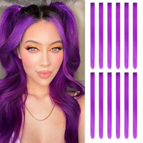 12 Pcs Colored Hair Extensions,22 inch Colored Highlights Clip in Hairpieces Rainbow Hair Extensions Colorful Party Straight Synthetic Hair Piece for Women Girls Gift (Purple)