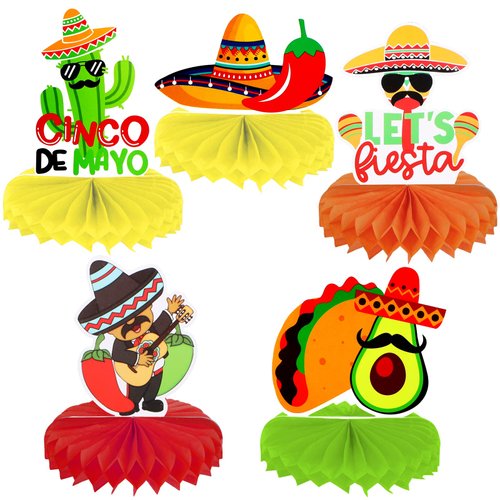 HOWAF 9pcs Fiesta Honeycomb Centerpiece, Cinco De Mayo Party Decorations Table Centerpieces, Mexican Theme Party Table Topper for Taco Party Birthday Party Decorations, Mexican Fiesta Paper