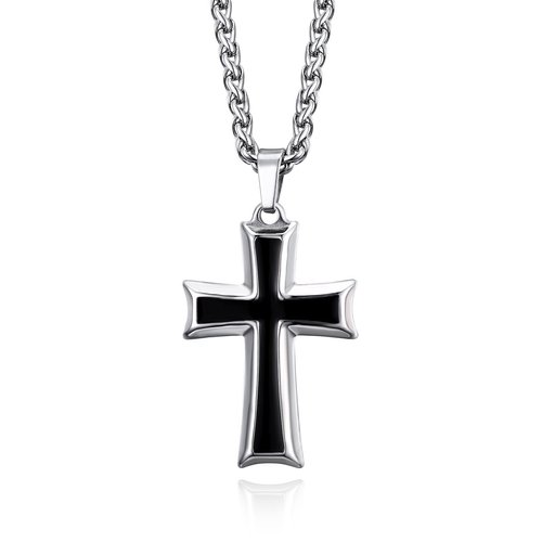 HZMAN Mens Stainless Steel Cross Pendant Necklace with Wheat Chain (Silver)