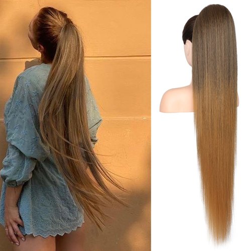 SEIKEA 36" Long Straight Drawstring Ponytail Extension, Multi Layered Light Soft Tangle-Resistant Silk Touch Clip in Hair Extensions Ponytail Natural Synthetic Hairpiece for Women Bronze Brown