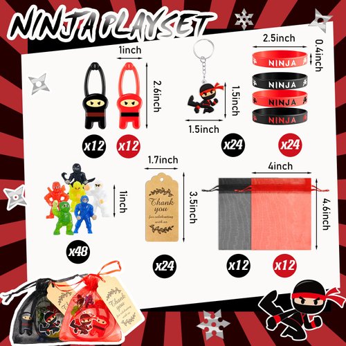 Libima 168 Pcs Ninja Party Favors Karate Birthday Party Supplies Ninja Toys, 48 Small Ninja Figurines, 24 Flying Ninjas Toys, 24 Silicone Bracelets, 24 Keychains, 24 Organza Bags, 24 Thank Card