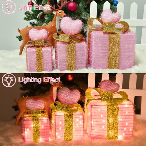 Wedding Decorations Light up Gift Boxes with Pink Heart, Light up Xmas Boxes with Battery Operated for Wedding Christmas Valentine's Day Decorations Indoor and Outdoor (3 Pack) (Pink Heart)