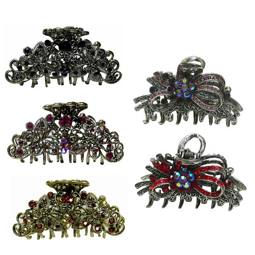 JCGY Combo Set of 5 Jaw Clips Metal Hair Claws in 2 Unique Styles RW6132jet/Fuchsia/Stopaz6207purRed