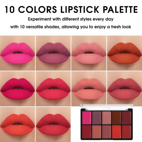 BOBISUKA Cream Lip Color Palette, 10 Colors Matte Lipstick Makeup Palette, Long Lasting Lipstick Palette, Moisturizing Waterproof Lip Creamy Formula For Soft - Daily