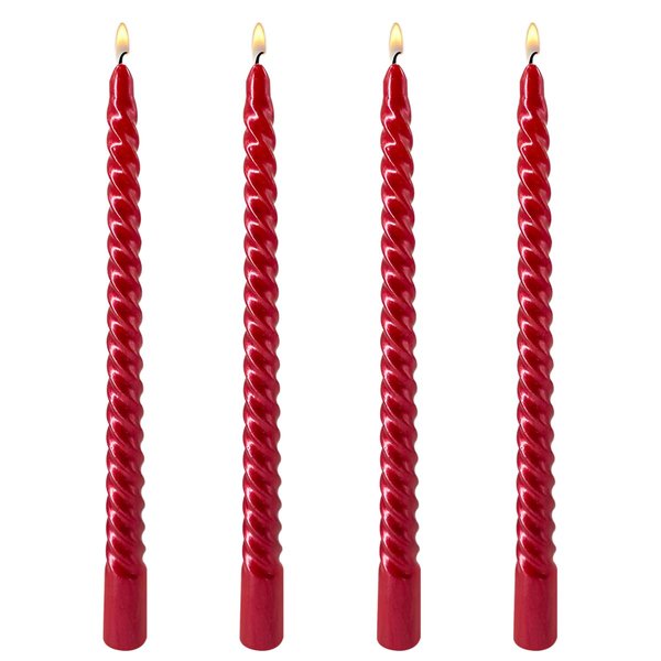 10" Burgundy Spiral Taper Candles, Unscented Dripless Candlesticks for Christmas, Dinner, Wedding Receptions, Celebrations, Fall and Winter Home Decor - Set of 4, 8 Hours Burn