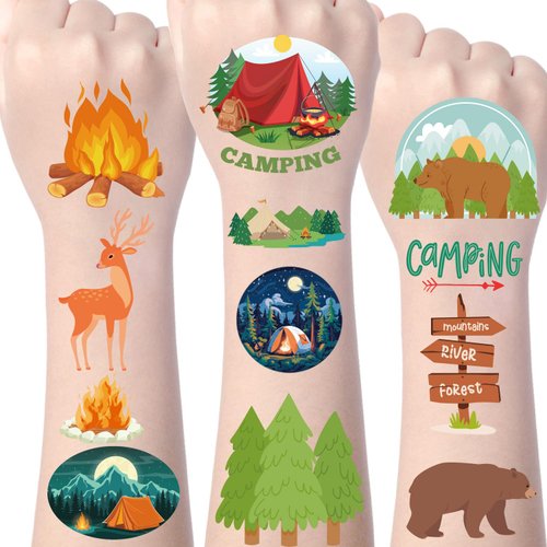 Wxiben Camping Temporary Tattoos Kids - 200+ Camping Birthday Party Supplies Decorations Favors Camp Party Tattoo Stickers Gift Class School Reward Classroom School Prizes for Kids Girls Boys